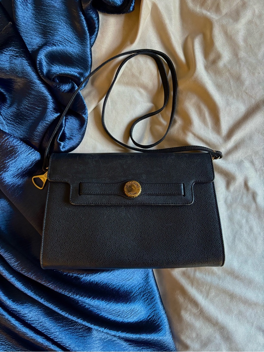 Vintage Moschino Black Leather Satchel with Gold Medallion